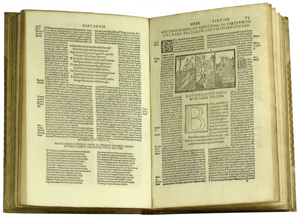 P. Ovidii Nasonis Fastorvm Libri Diligenti Emendatione. Typis impresse aptissimisq[ue] figuris ornate co[m]mentatoribus Antonio Consta[n]tio Fanensi : Paulo Marso piscinate viris clarissimis additis quibusda[m] versibus q[ui] deera[n]t in aliis codicibus insup[er] grecis characteribus vbi deera[n]t in aliis impressio[n]ibus : appositis reb[us] notabilib[us] q[ui]busda[m] in margi[n]e vna cu[m] Tabula in ordi[n]e alphabeti : q[uae] nullo i[n] alio codice impressa reperies. 