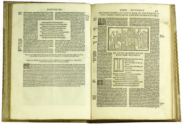 P. Ovidii Nasonis Fastorvm Libri Diligenti Emendatione. Typis impresse aptissimisq[ue] figuris ornate co[m]mentatoribus Antonio Consta[n]tio Fanensi : Paulo Marso piscinate viris clarissimis additis quibusda[m] versibus q[ui] deera[n]t in aliis codicibus insup[er] grecis characteribus vbi deera[n]t in aliis impressio[n]ibus : appositis reb[us] notabilib[us] q[ui]busda[m] in margi[n]e vna cu[m] Tabula in ordi[n]e alphabeti : q[uae] nullo i[n] alio codice impressa reperies. 