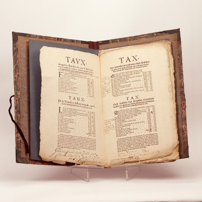 Ensemble de pièces manuscrites (2, datées 1618 et 1619) ou imprimées (39) relatives à la Corporation des Bouchers de Colmar : taxes officielles de la viande de 1698 à 1773. Pièces diverses. 