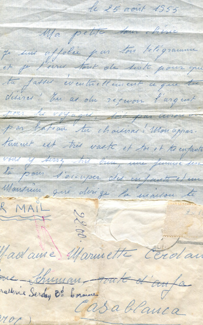 Lettre autographe à Marinette Cerdan. On joint : lettre autographe de Marinette Cerdan à son mari Marcel Cerdan. 