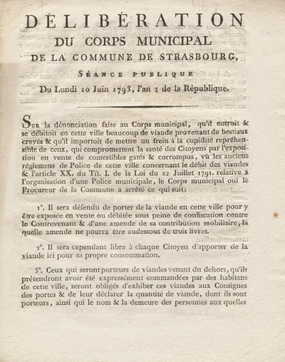 Délibération du Conseil municipal de la Commune de Strasbourg, séance publique du lundi 10 juin 1793, l'an 2 de la République. 