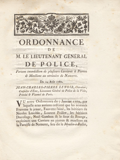 Ordonnance de M. le lieutenant général de police, portant interdiction de plusieurs Carrières à Pierres & Moellons au territoire de Nanterre. 