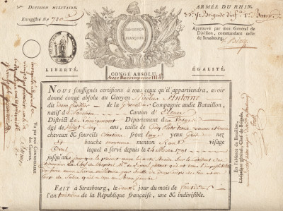 Certificat de Congé absolu, avec récompense militaire, donné au Citoyen Nicolas ANTOINE. 