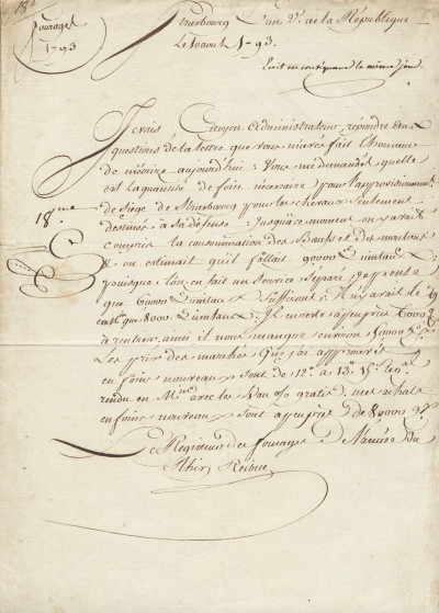 Lettre autographe concernant les besoins en fourrage, à Strasbourg, en 1793. 