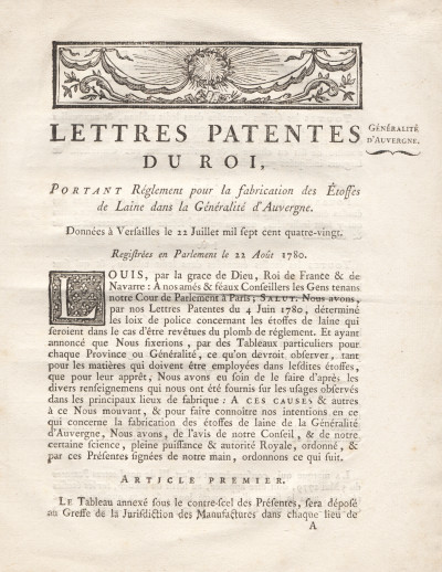 Lettres patentes du Roi, portant règlement pour la fabrication des étoffes de laine dans la généralité d'Auvergne. 