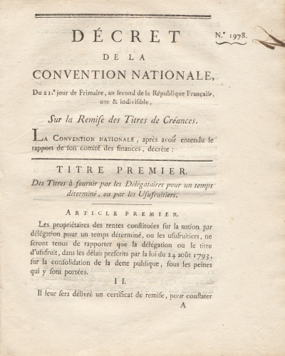 Décret de la Convention Nationale, du 21e jour de Frimaire, an second de la République Française, une & indivisible, sur la remise des Titres de Créances. 
