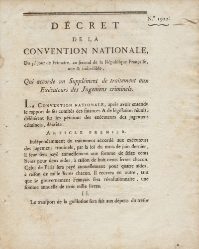 Décret de la Convention Nationale, du 3e jour de Frimaire, an second de la République Française, une & indivisible, qui accorde un supplément de traitement aux exécuteurs des jugements criminels. 