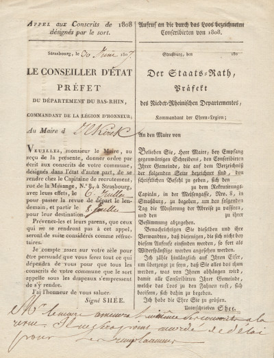 Réunion de deux appels aux Conscrits de 1808 désignés par le sort, et d'un appel aux conscrits de la classe de 1806. 