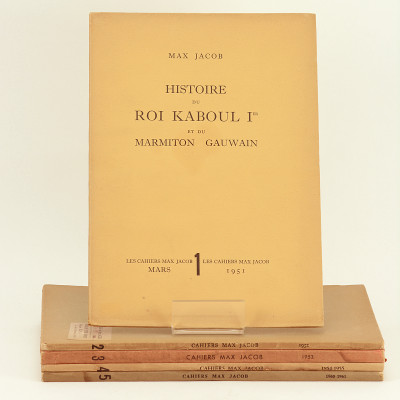 Les Cahiers de Max Jacob. 1.- Histoire du Roi Kaboul Ier et du marmiton Gauwain. (1951). 2.- Lettres imaginaires. Présentation de Jean Cocteau. (1952). 3.- Théâtre I. Un amour de Titien. La police napolitaine. Présentation de Henri Sauguet. (1953). 4.- Romanesques. Nouvelles. Présentation de François Mauriac. (1954-1955). 5.- Max Jacob et la Bretagne. Suivi de : La couronne de Vulcain. Conte breton par Max Jacob. (1960-1961). 