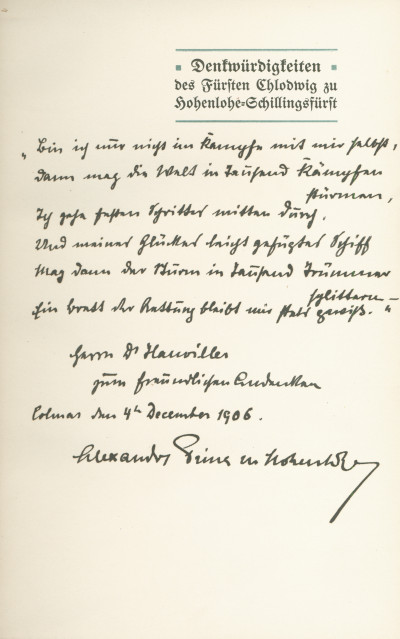 Denkwürdigkeiten des Fürsten Chlodwig zu Hohenlohe-Schillingsfürst. Im Auftrage des Prinzen Alexander zu Hohenlohe-Schillingsfürst herausgegeben von Friedrich Curtius. 