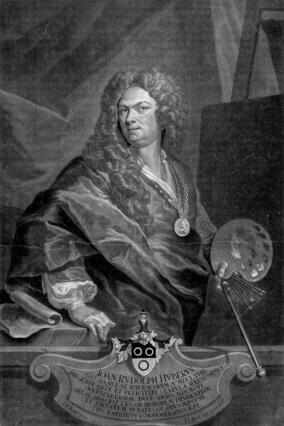 Gravure à la manière noire par Johann Jakob Haid, d'après l'autoportrait de Johann Rudolf Huber de 1710. 
