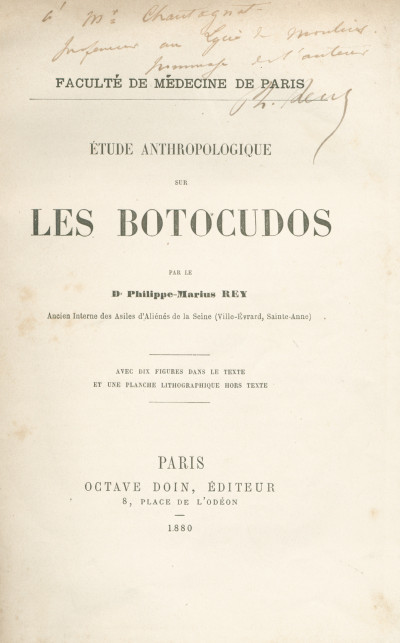 Étude anthropologique sur les Botocudos. Avec 10 figures dans le texte et 1 planche lithographique hors-texte. 
