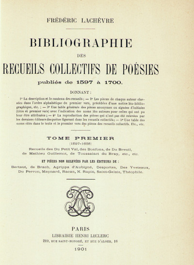 Bibliographie des recueils collectifs de poésies publiés de 1597 à 1700. 