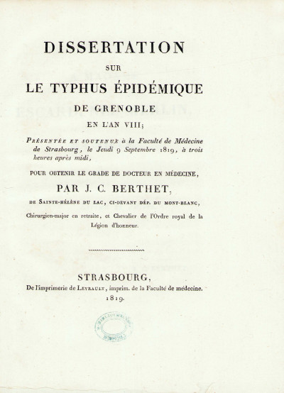Dissertation sur le typhus épidémique de Grenoble en l'an VIII. 