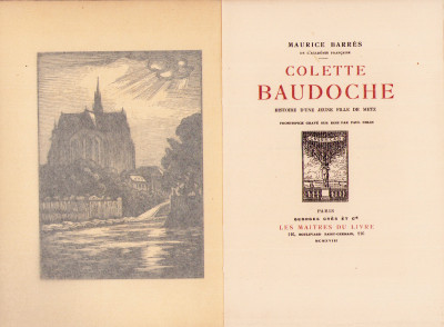 Colette Baudoche. Histoire d'une jeune fille de Metz. Frontispice gravé sur bois par Paul Colin. 