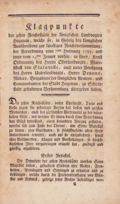 Klagpunkte der zehen Reichsstädte der königlichen Landvogtey Hagenau, welche sie… in ihrer… zu Schlettstadt gehaltenen Versammlung übergeben haben. 