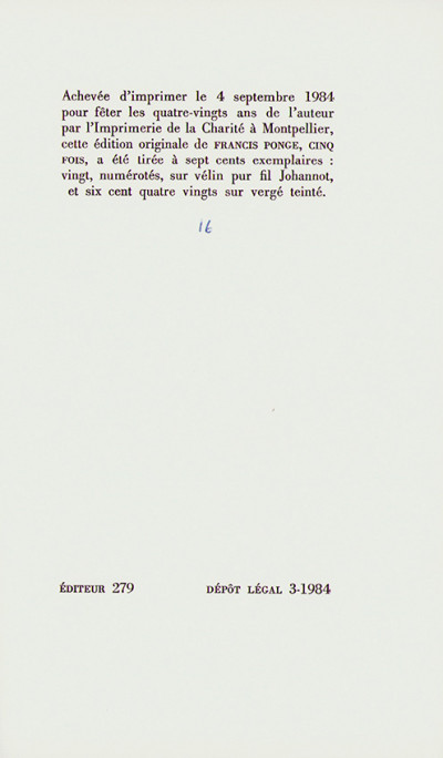 Francis Ponge cinq fois. Frontispice de Jean Dubuffet. 