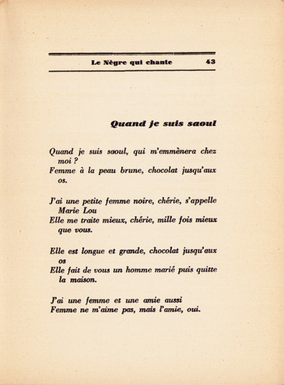 Le nègre qui chante. Chansons traduites et introduction par Eugène Jolas. 