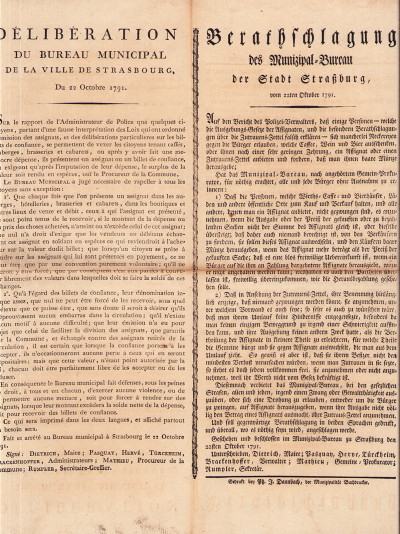 Délibération du Bureau municipal de la Ville de Strasbourg, du 22 octobre 1791. 