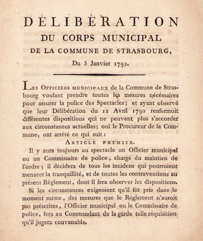 Délibération du Corps municipal de la Commune de Strasbourg, du 5 janvier 1792. 
