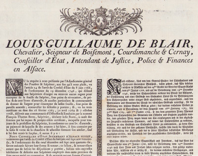 Placard : condamnation du Salpêtrier François-Thomas Bentz à 100 livres d'amendes et à l'interdiction d'exercer la profession de Salpêtrier. 