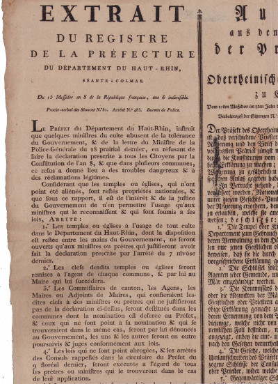 Extrait du registre de la Préfecture du département du Haut-Rhin, séante à Colmar, du 15 Messidor an 8 de la République française, une & indivisible. 