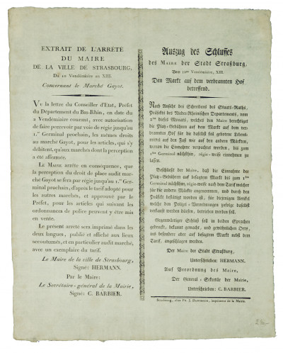 Extrait de l'arrêté du Maire de la Ville de Strasbourg, du 10 Vendémiaire an XIII, concernant le Marché Gayot. 