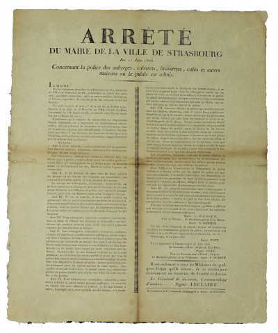 Arrêté de la Ville de Strasbourg du 12 juin 1806. Concernant la police des auberges, cabarets, brasseries, cafés et autres maisons où le public est admis. 