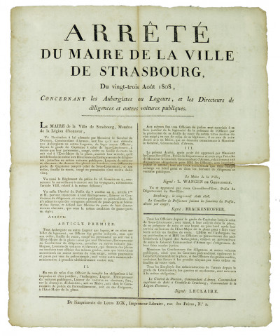 Arrêté du Maire de la ville de Strasbourg, du vingt-trois Août 1808, concernant les Aubergistes ou Logeurs, et les Directeurs de diligences et autres voitures publiques. 