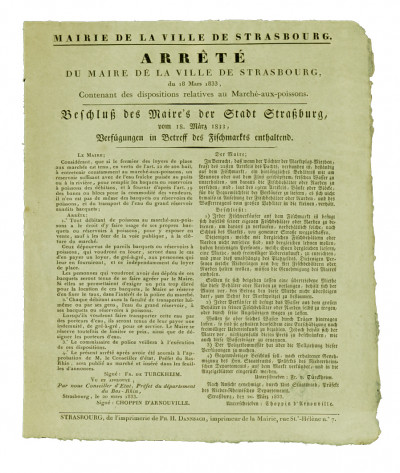 Arrêté du Maire de la ville de Strasbourg, du 18 mars 1833, contenant des dispositions relatives au Marché-aux-Poissons. 