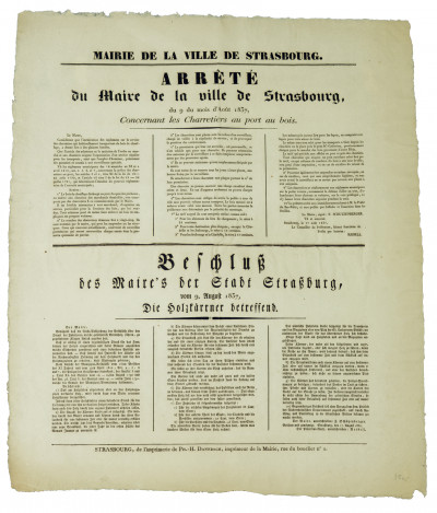 Arrêté du maire de la ville de Strasbourg, du 9 du mois d'août 1837, concernant les charretiers au port au bois. 