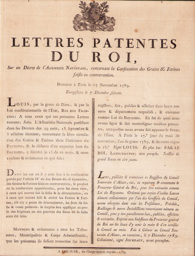 Lettres patentes du Roi, sur un décret de l'Assemblée nationale, concernant la Confiscation des Grains & Farines saisis en contravention. 