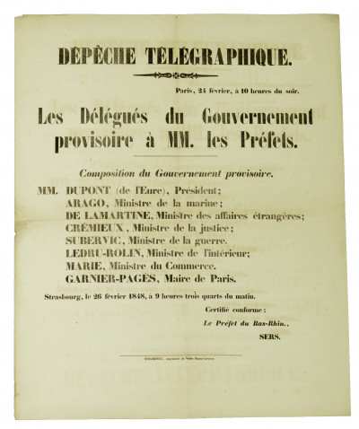 Dépêche télégraphique. Paris, 24 février, à 10 heures du soir. Les Délégués du Gouvernement provisoire à MM. les Préfets. 