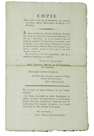 Copie d'une lettre écrite par la Commission des dépêches au Citoyen Duroy, représentant du peuple, le 8 fructidor. 