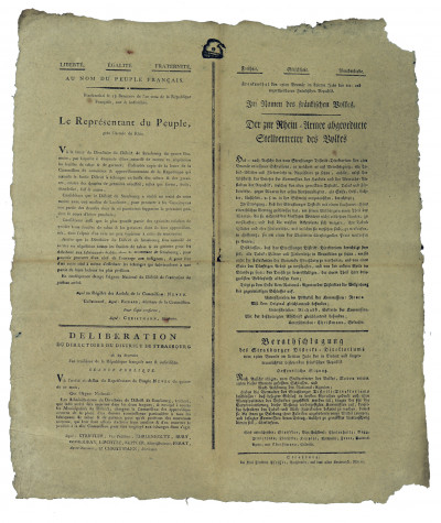 Au nom du peuple français. Frankenthal le 15 Brumaire de l'an trois de la République française, une et indivisible. Le représentant près l'Armée du Rhin. Vû la lettre du Directoire du District de Strasbourg du quatre Brumaire, par laquelle il demande d'être autorisé de mettre en réquisition les feuilles de tabac et de garance (…). 