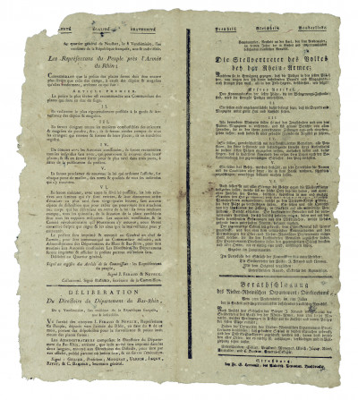 Au quartier général de Neustatt, le 8 Vendémiaire, l'an troisième de la République française, une et indivisible. Les Représentants du Peuple près l'Armée du Rhin. Considérant que la police des places fortes doit être encore plus sévère que celle des camps, à cause des dépôts & magasins qu'elles renferment, arrêtent ce qui suit. 