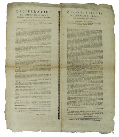 Délibération du Corps municipal de la commune de Strasbourg. Séance publique du 9e jour du mois de Prairial l'an 2 de la République française, une et indivisible. Sur le rapport de l'Administrateur de la Police et des subsistances, que plusieurs personnes sous le nom de vivandiers, se glissent dans cette commune qui ont mauvaises intentions. 