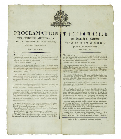Proclamation des Officiers municipaux de la Commune de Strasbourg concernant l'armée auxiliaire. Du 16 avril 1791. 