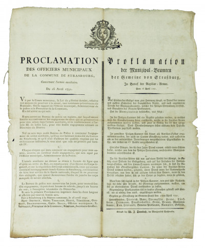 Proclamation des Officiers municipaux de la Commune de Strasbourg concernant l'armée auxiliaire. Du 16 avril 1791. 