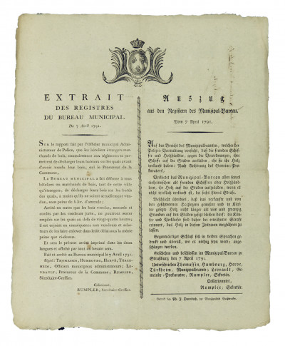 Extrait des registres du bureau municipal du 7 avril 1791. 