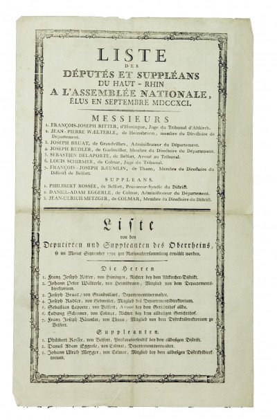 Liste des Députés et Suppléants du Haut-Rhin à l'Assemblée Nationale, élus en septembre 1791. 