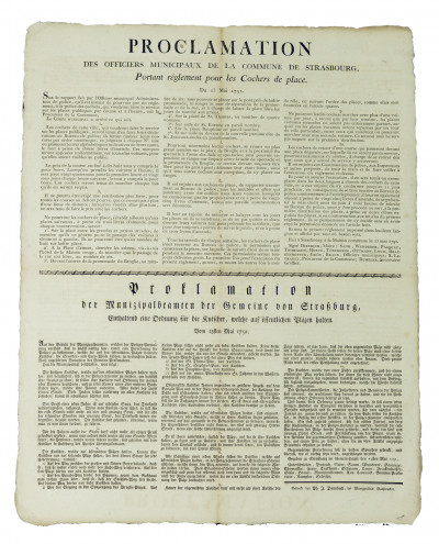 Proclamation des officiers municipaux de la Commune de Strasbourg. Portant règlement pour les Cochers de Place. Du 23 mai 1791. 