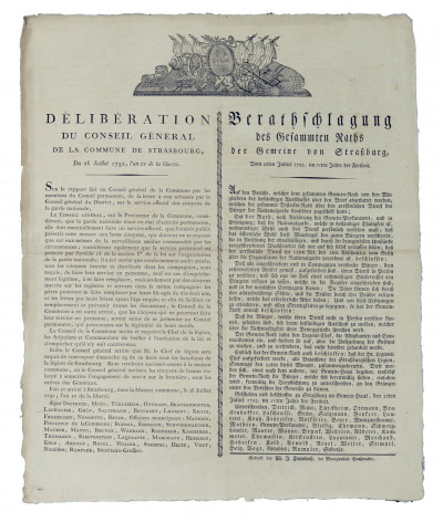 Délibération du Conseil général de la Commune de Strasbourg, du 26 juillet 1792, l'an IV de la liberté. 