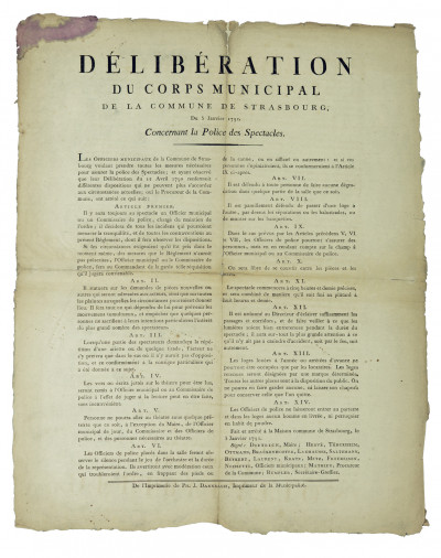 Délibération du Corps municipal de la Commune de Strasbourg, du 5 janvier 1792. Concernant la Police des Spectacles. 