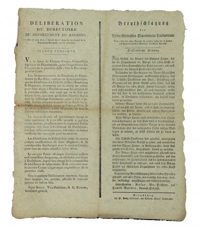 Délibération du Directoire du Département du Bas-Rhin, du 10 e jour de la 3e décade du 1er mois de l'an second de la République française, une & indivisible. 