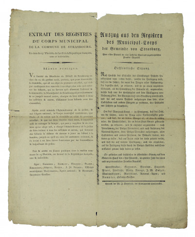 Extrait des registres du corps municipal de la commune de Strasbourg. En date du 23e Pluviôse , de l'an II de la République française, une et indivisible. 