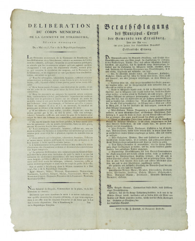 Délibération du Corps municipal de la Commune de Strasbourg, séance publique du 2 Mai 1793, l'an 2 de la République française. 