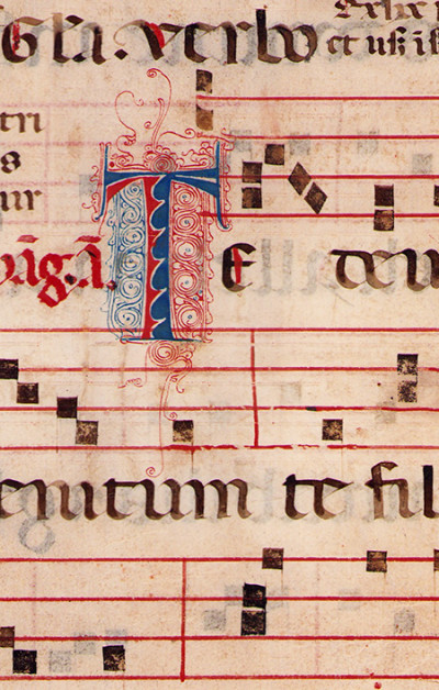 Lettrine manuscrite issue d'une page d'antiphonaire. 