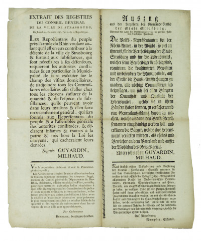 Extrait des registres du Conseil Général de la Ville de Strasbourg, du lundi 14 octobre 1793, l'an 2 de la République. 