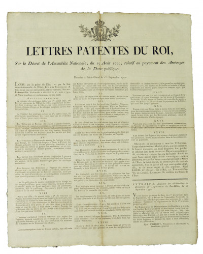 Lettres patentes du Roi, sur le décret de l'Assemblée Nationale, du 15 août 1790, relatif au paiement des Arrérages de la dette publique. 